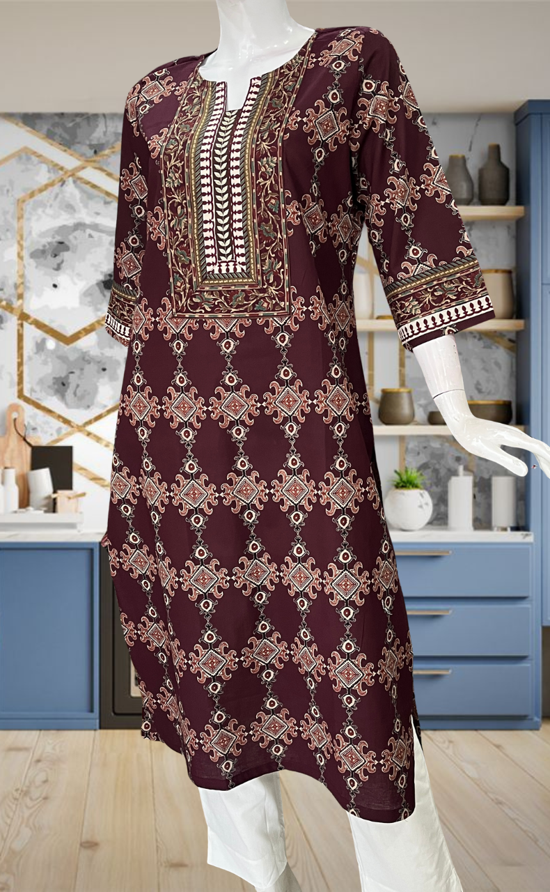Maroon Ethnic Print Jaipuri Cotton Kurti. Pure Versatile Cotton. | Laces and Frills