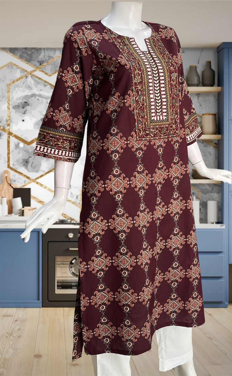 Maroon Ethnic Print Jaipuri Cotton Kurti. Pure Versatile Cotton. | Laces and Frills