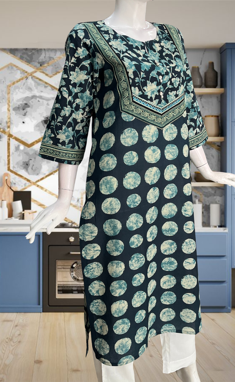 Teal Blue Dots Jaipuri Cotton Kurti. Pure Versatile Cotton. | Laces and Frills