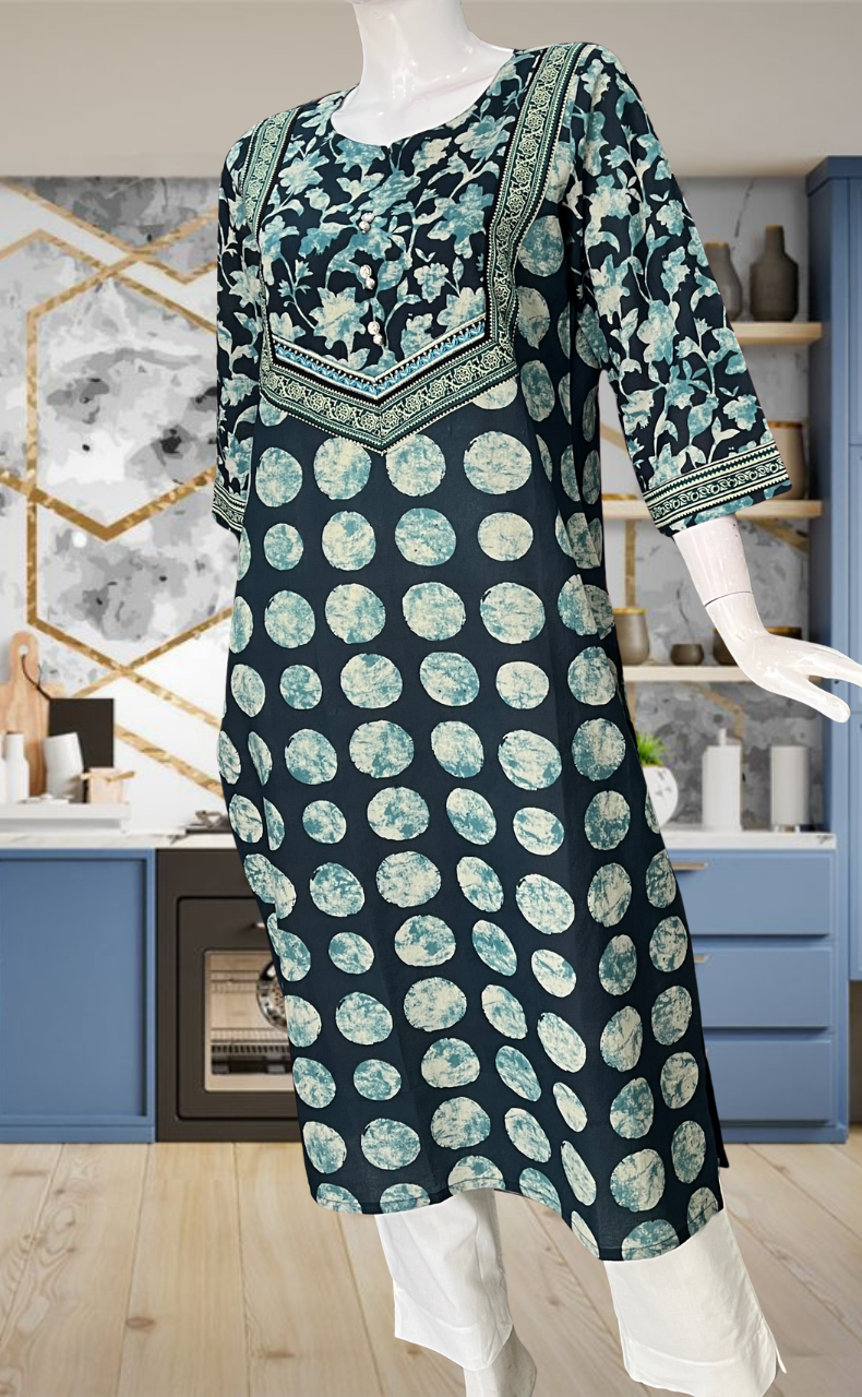 Teal Blue Dots Jaipuri Cotton Kurti. Pure Versatile Cotton. | Laces and Frills