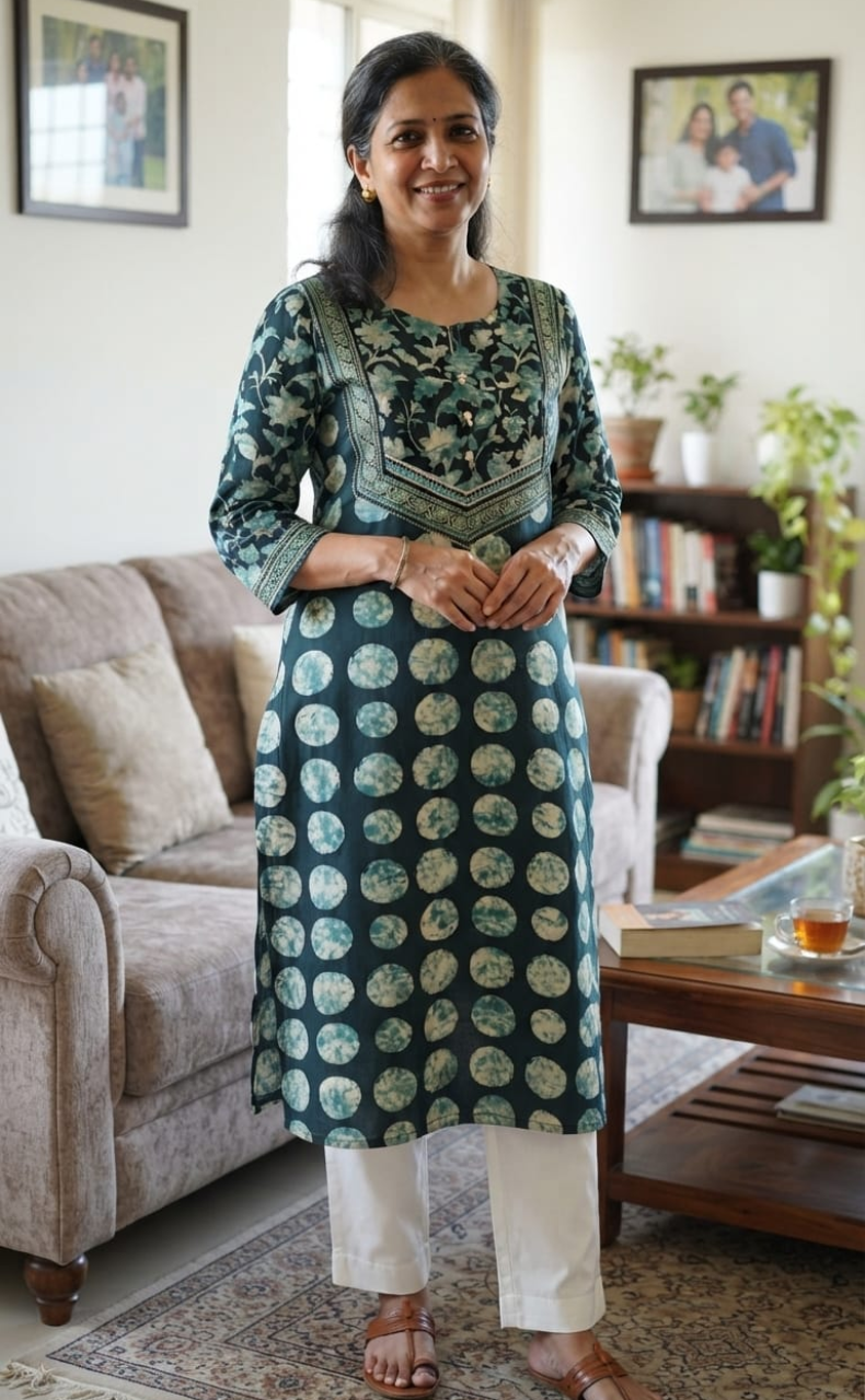 Teal Blue Dots Jaipuri Cotton Kurti. Pure Versatile Cotton. | Laces and Frills