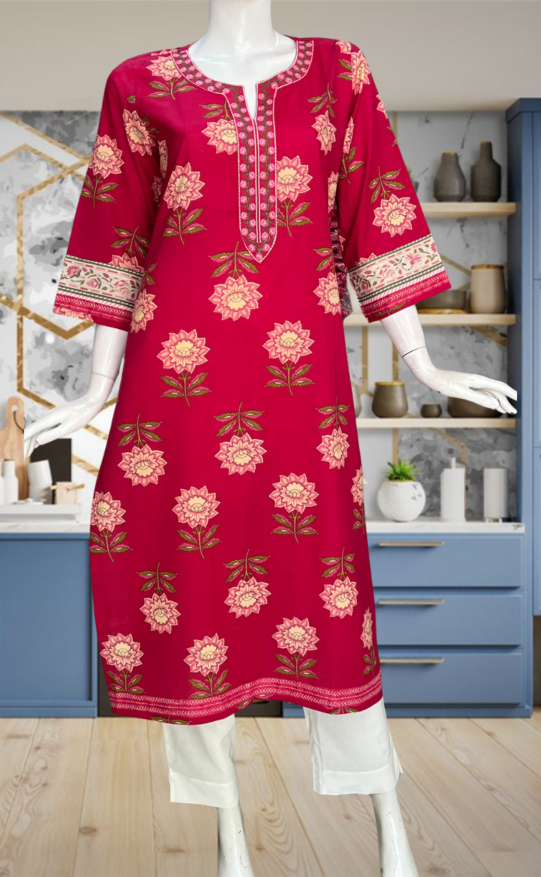Rani Pink Floral Jaipuri Cotton Kurti. Pure Versatile Cotton. | Laces and Frills
