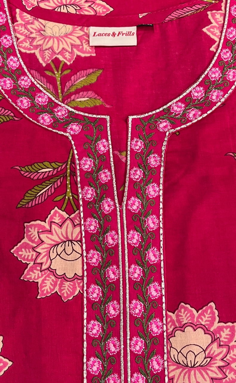Rani Pink Floral Jaipuri Cotton Kurti. Pure Versatile Cotton. | Laces and Frills