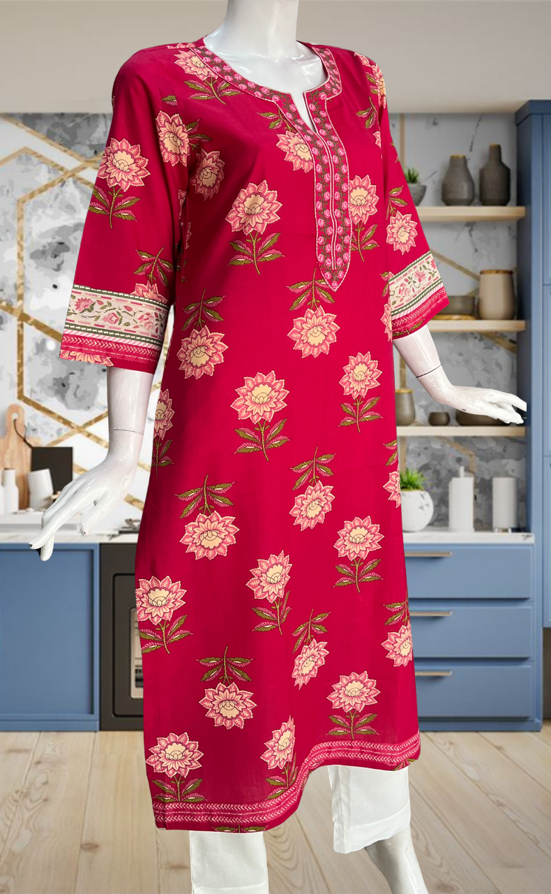 Rani Pink Floral Jaipuri Cotton Kurti. Pure Versatile Cotton. | Laces and Frills