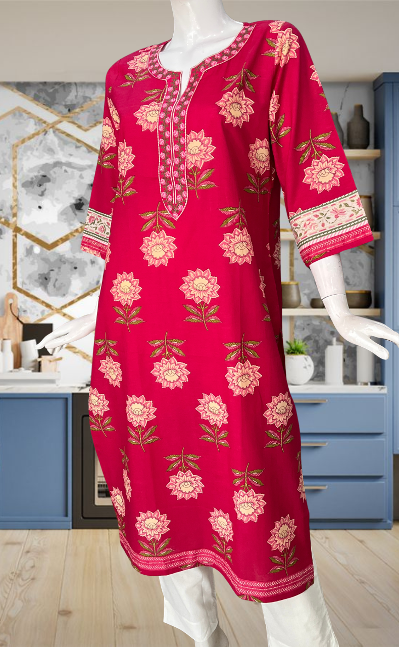Rani Pink Floral Jaipuri Cotton Kurti. Pure Versatile Cotton. | Laces and Frills