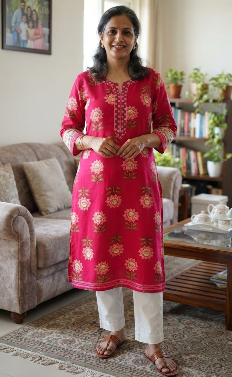 Rani Pink Floral Jaipuri Cotton Kurti. Pure Versatile Cotton. | Laces and Frills