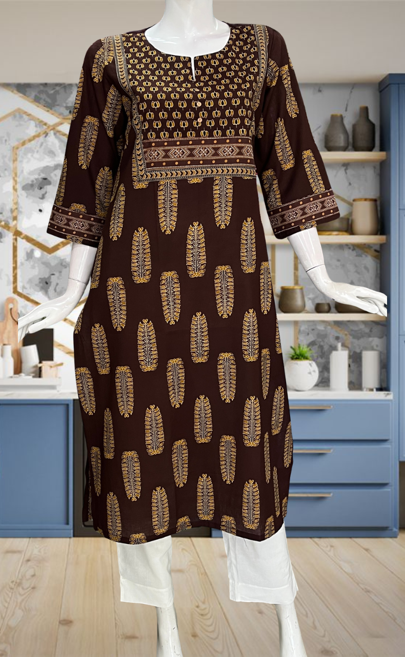 Brown Leafy Jaipuri Cotton Kurti. Pure Versatile Cotton. | Laces and Frills