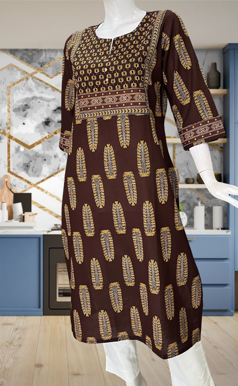 Brown Leafy Jaipuri Cotton Kurti. Pure Versatile Cotton. | Laces and Frills