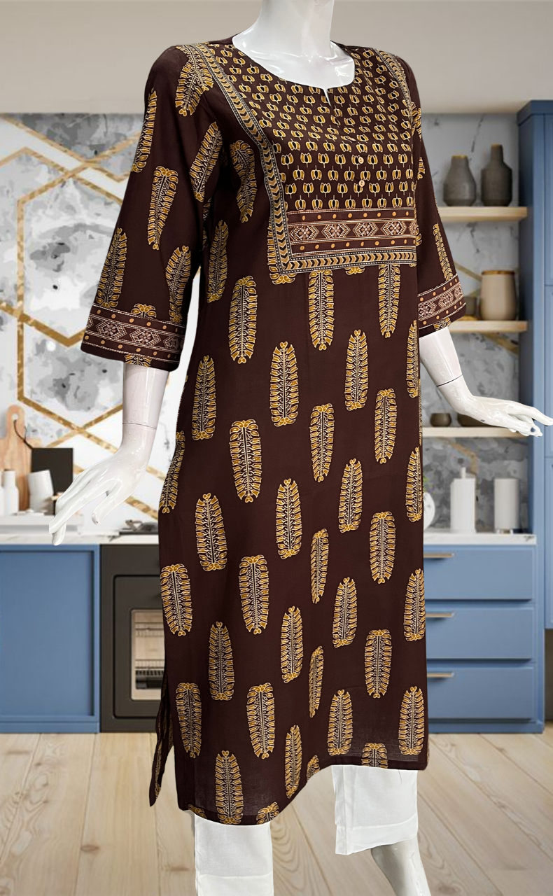 Brown Leafy Jaipuri Cotton Kurti. Pure Versatile Cotton. | Laces and Frills