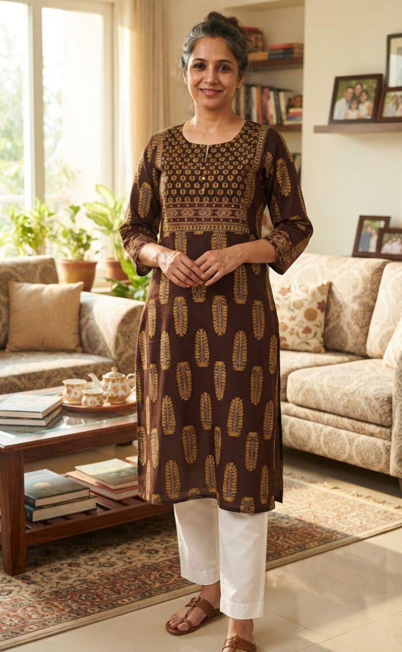 Brown Leafy Jaipuri Cotton Kurti. Pure Versatile Cotton. | Laces and Frills