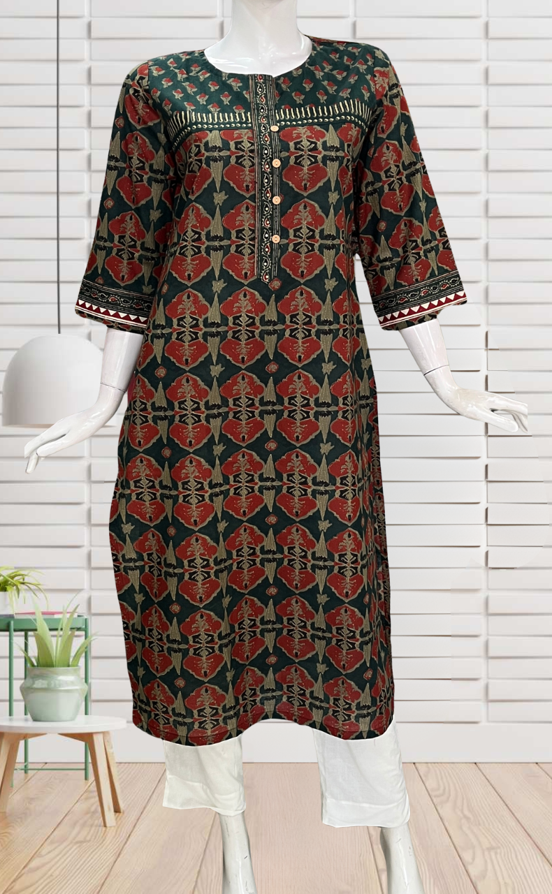 Dark Green Flora Jaipuri Cotton Kurti. Pure Versatile Cotton. | Laces and Frills