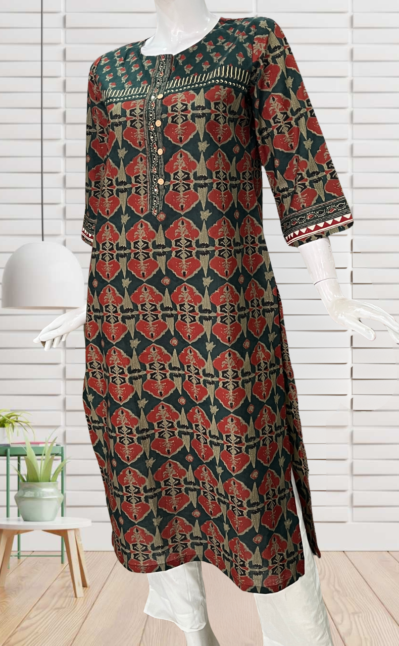 Dark Green Flora Jaipuri Cotton Kurti. Pure Versatile Cotton. | Laces and Frills