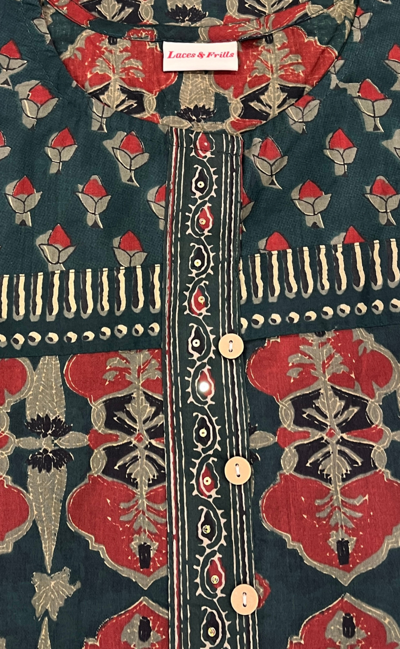 Dark Green Flora Jaipuri Cotton Kurti. Pure Versatile Cotton. | Laces and Frills