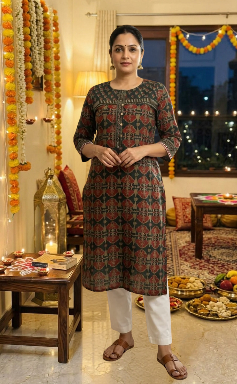 Dark Green Flora Jaipuri Cotton Kurti. Pure Versatile Cotton. | Laces and Frills - Laces and Frills
