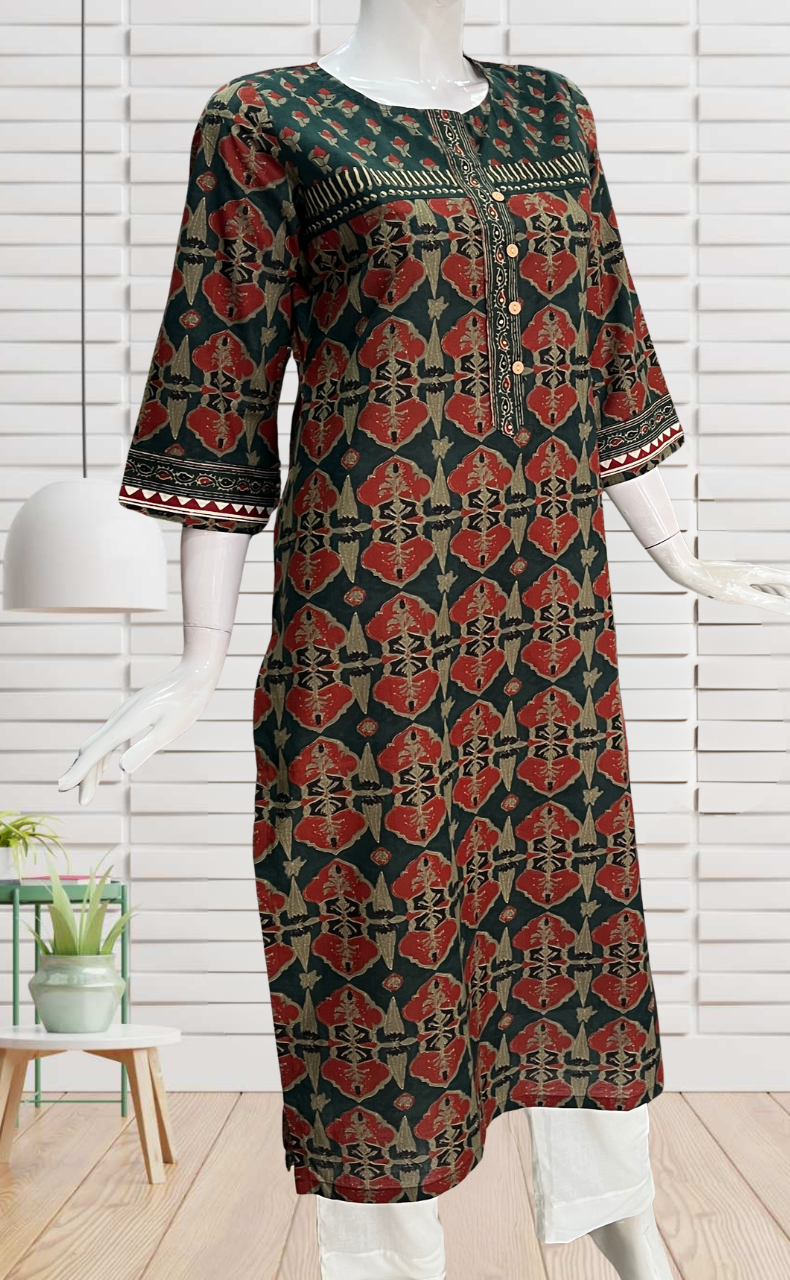 Dark Green Flora Jaipuri Cotton Kurti. Pure Versatile Cotton. | Laces and Frills