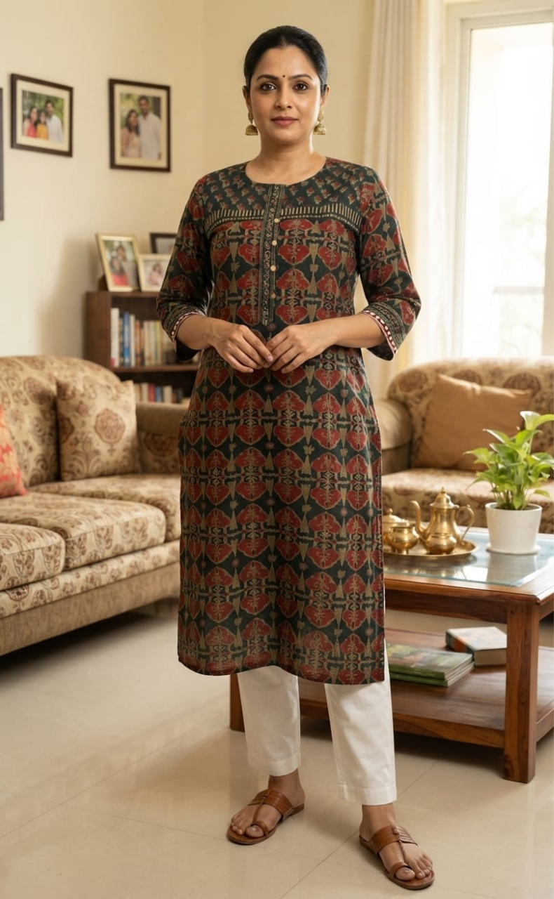 Dark Green Flora Jaipuri Cotton Kurti. Pure Versatile Cotton. | Laces and Frills - Laces and Frills