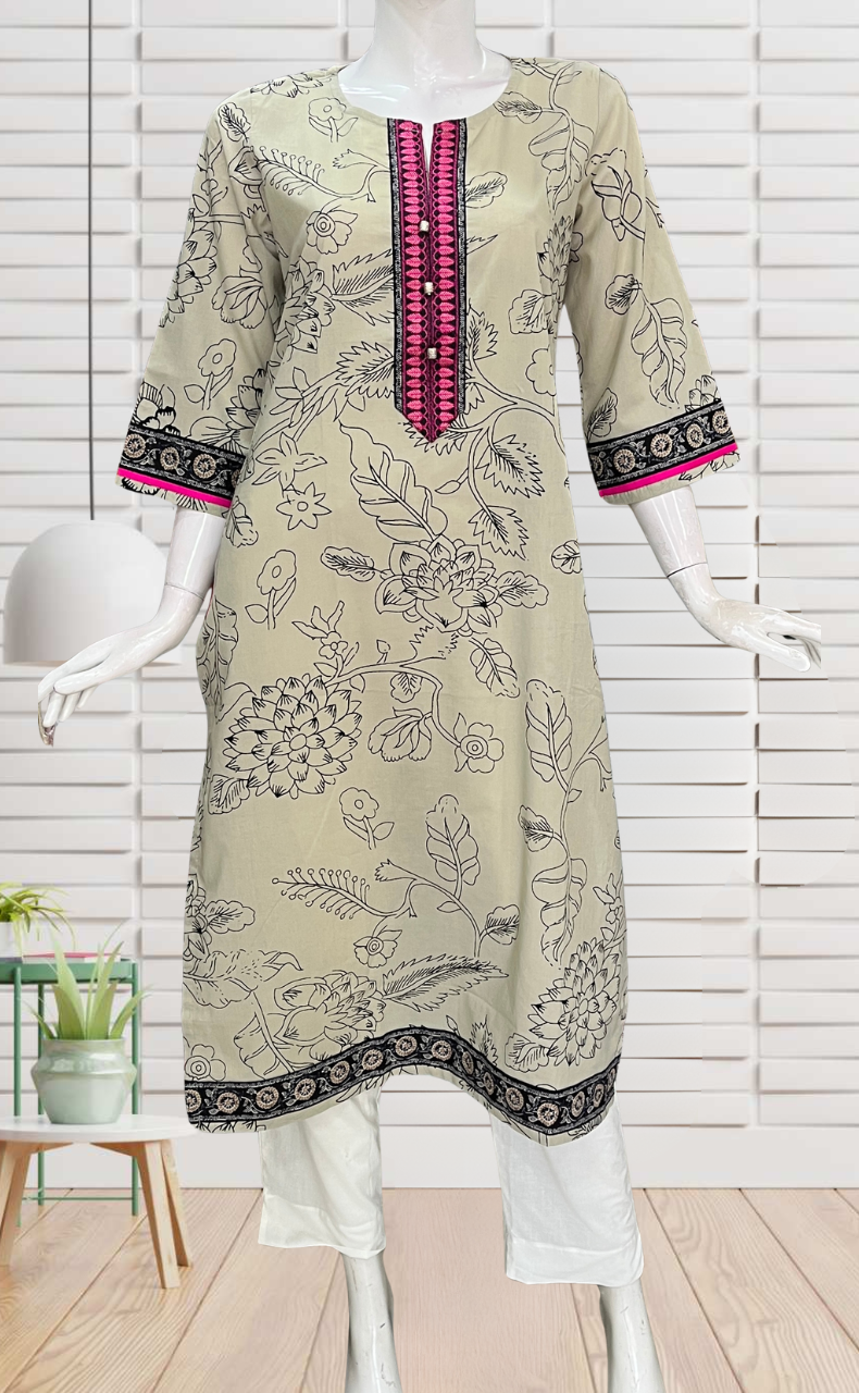Beige Floral Jaipuri Cotton Kurti. Pure Versatile Cotton. | Laces and Frills