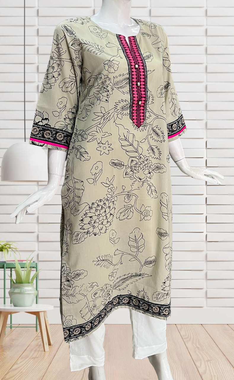 Beige Floral Jaipuri Cotton Kurti. Pure Versatile Cotton. | Laces and Frills