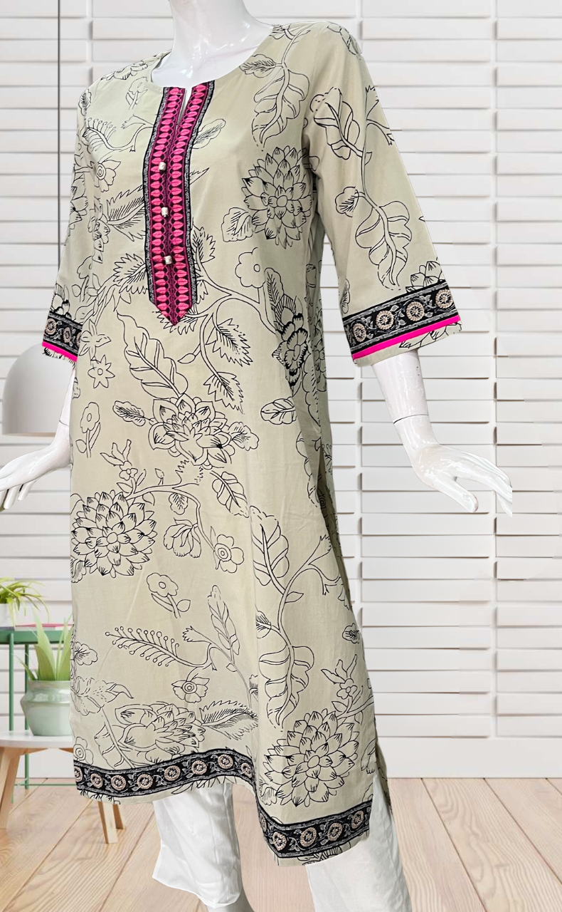 Beige Floral Jaipuri Cotton Kurti. Pure Versatile Cotton. | Laces and Frills