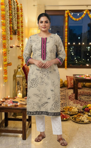 Beige Floral Jaipuri Cotton Kurti. Pure Versatile Cotton. | Laces and Frills - Laces and Frills