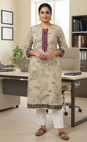 Beige Floral Jaipuri Cotton Kurti. Pure Versatile Cotton. | Laces and Frills - Laces and Frills
