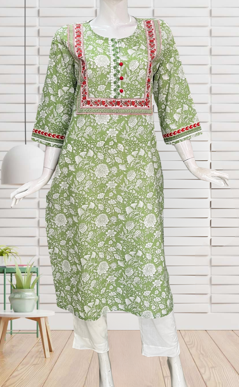 Green Garden Jaipuri Cotton Kurti. Pure Versatile Cotton. | Laces and Frills