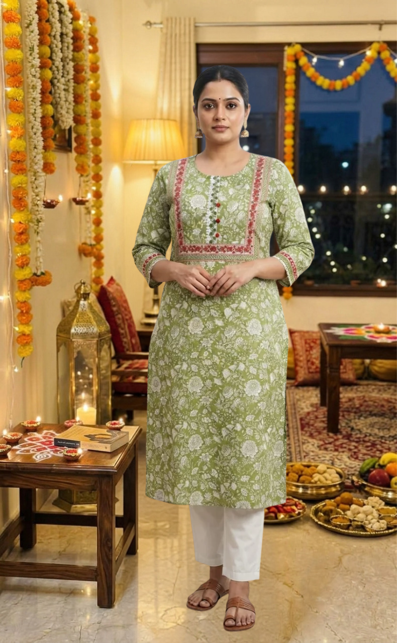 Green Garden Jaipuri Cotton Kurti. Pure Versatile Cotton. | Laces and Frills - Laces and Frills