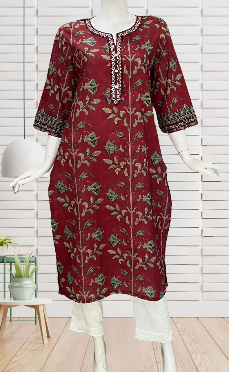 Maroon Leafy Jaipuri Cotton Kurti. Pure Versatile Cotton. | Laces and Frills