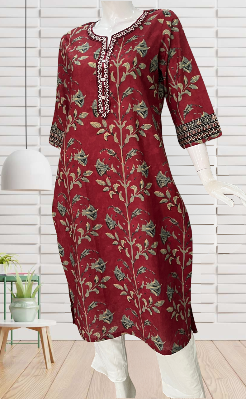 Maroon Leafy Jaipuri Cotton Kurti. Pure Versatile Cotton. | Laces and Frills