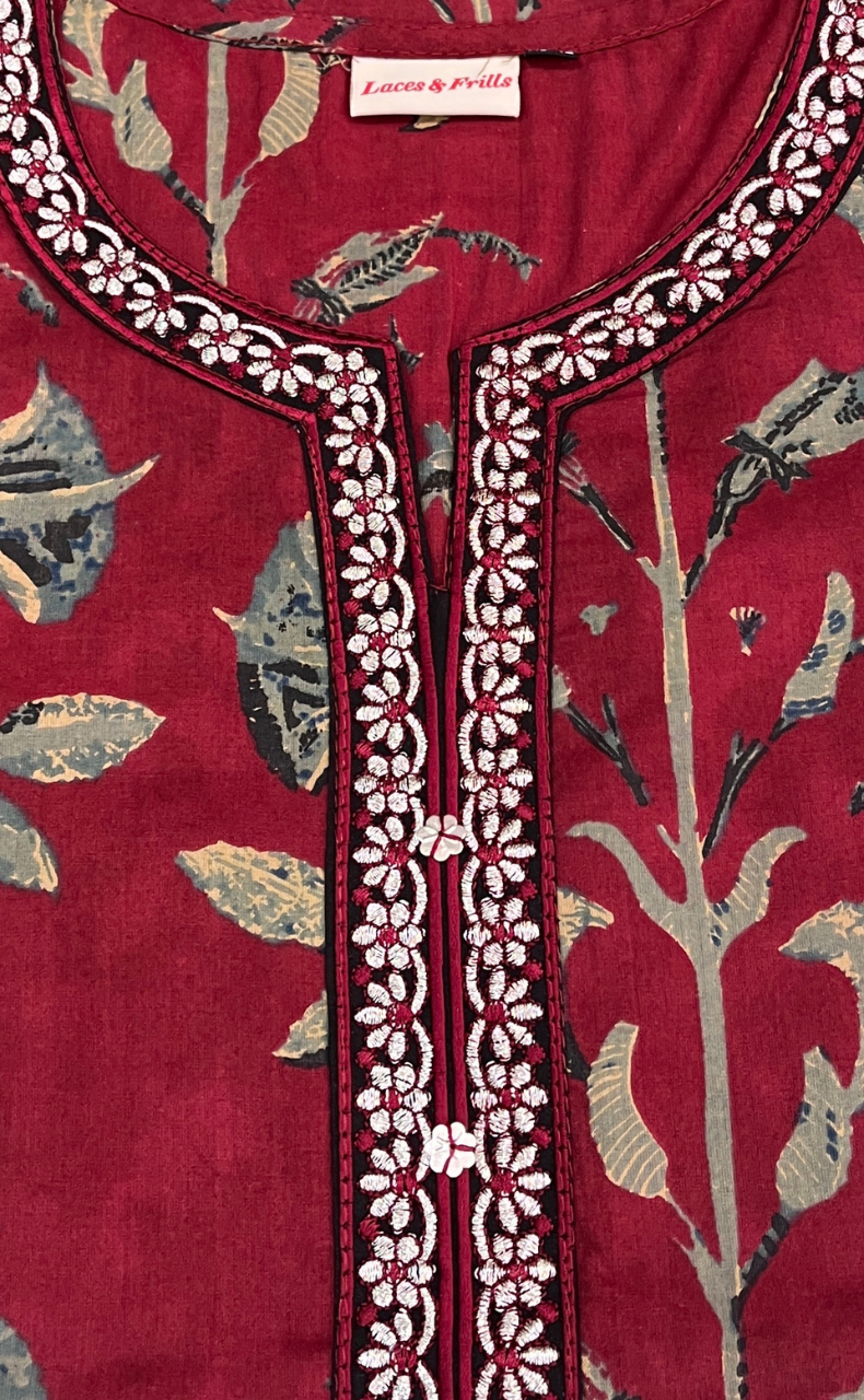 Maroon Leafy Jaipuri Cotton Kurti. Pure Versatile Cotton. | Laces and Frills