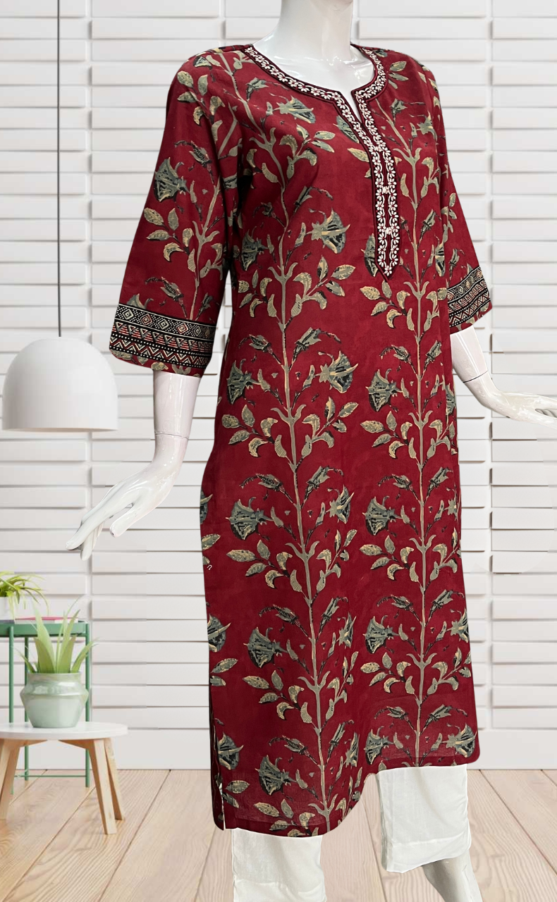Maroon Leafy Jaipuri Cotton Kurti. Pure Versatile Cotton. | Laces and Frills