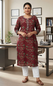 Maroon Leafy Jaipuri Cotton Kurti. Pure Versatile Cotton. | Laces and Frills - Laces and Frills