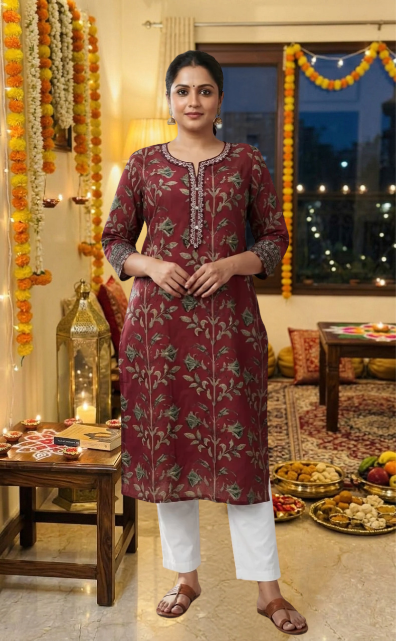 Maroon Leafy Jaipuri Cotton Kurti. Pure Versatile Cotton. | Laces and Frills - Laces and Frills