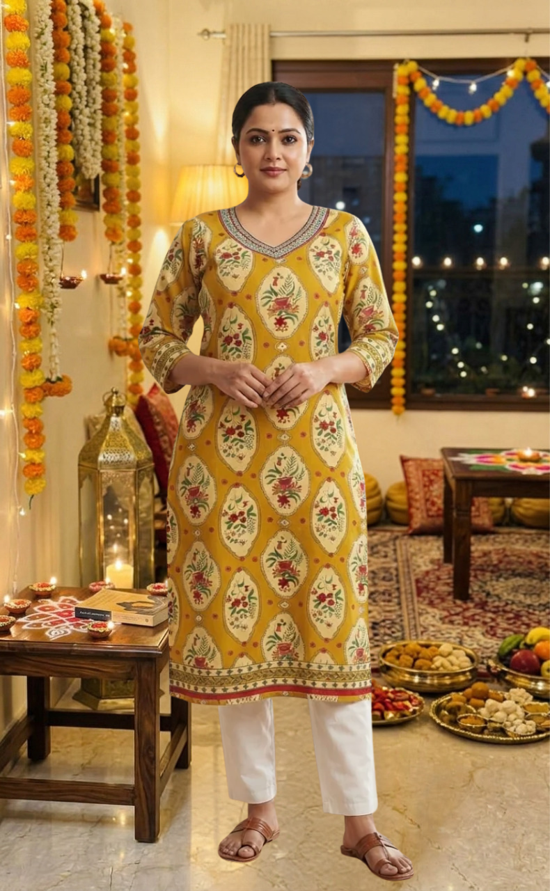 Yellow Garden Jaipuri Cotton Kurti. Pure Versatile Cotton. | Laces and Frills - Laces and Frills