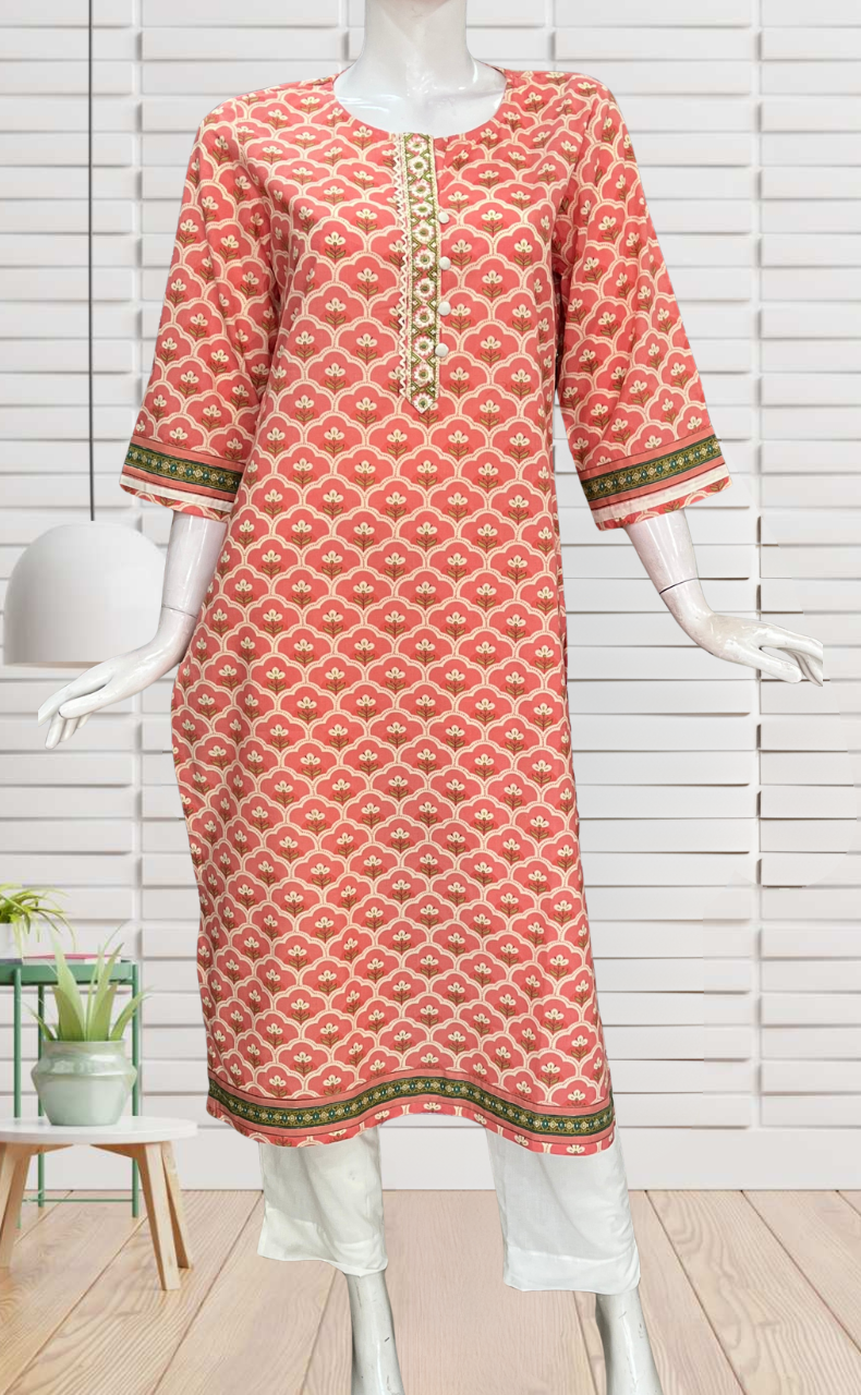Peach Flora Jaipuri Cotton Kurti. Pure Versatile Cotton. | Laces and Frills