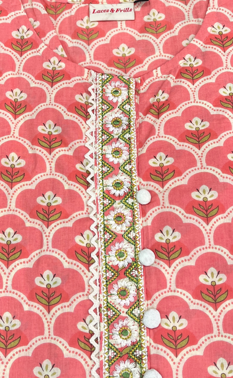 Peach Flora Jaipuri Cotton Kurti. Pure Versatile Cotton. | Laces and Frills