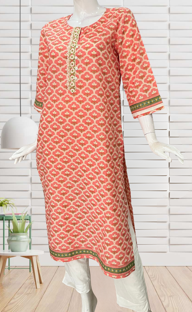 Peach Flora Jaipuri Cotton Kurti. Pure Versatile Cotton. | Laces and Frills