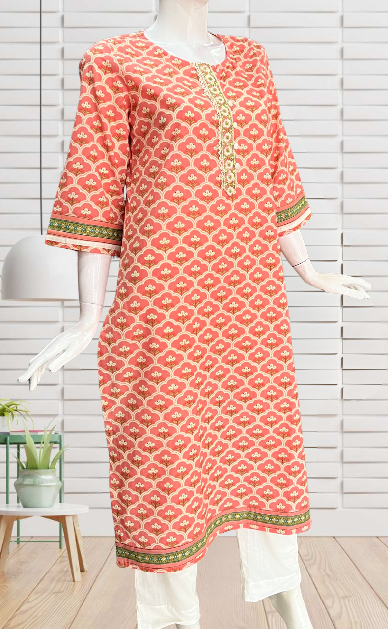 Peach Flora Jaipuri Cotton Kurti. Pure Versatile Cotton. | Laces and Frills