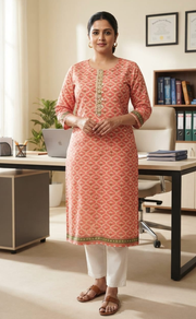 Peach Flora Jaipuri Cotton Kurti. Pure Versatile Cotton. | Laces and Frills - Laces and Frills