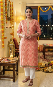 Peach Flora Jaipuri Cotton Kurti. Pure Versatile Cotton. | Laces and Frills - Laces and Frills
