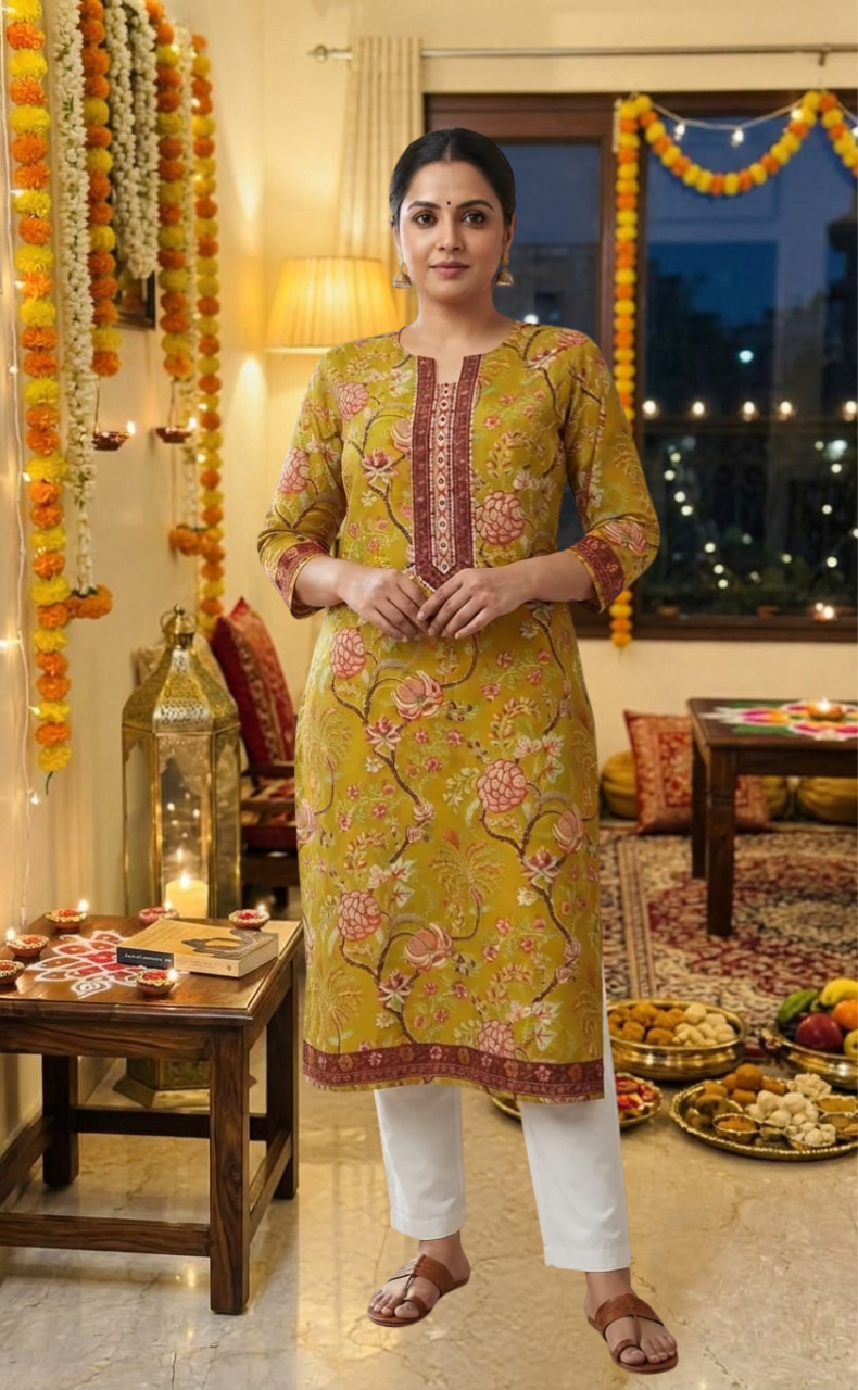 Yellow Garden Jaipuri Cotton Kurti. Pure Versatile Cotton. | Laces and Frills - Laces and Frills