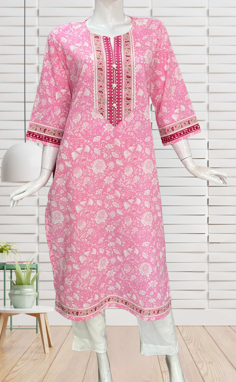 Baby Pink Garden Jaipuri Cotton Kurti. Pure Versatile Cotton. | Laces and Frills