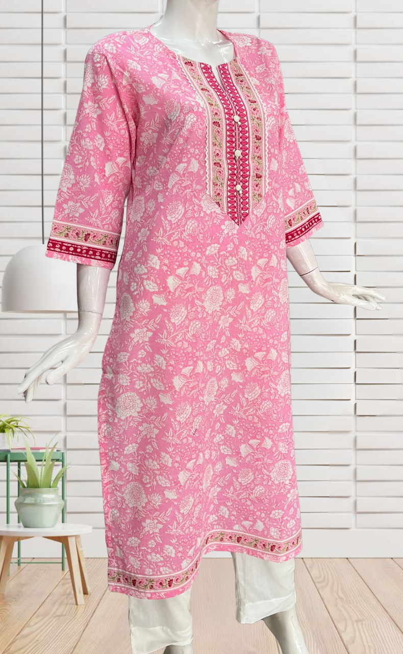 Baby Pink Garden Jaipuri Cotton Kurti. Pure Versatile Cotton. | Laces and Frills