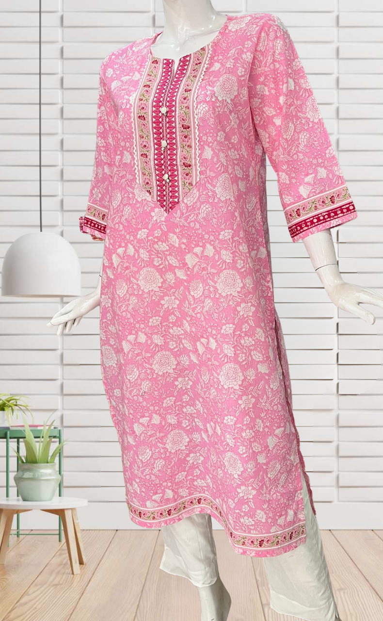 Baby Pink Garden Jaipuri Cotton Kurti. Pure Versatile Cotton. | Laces and Frills