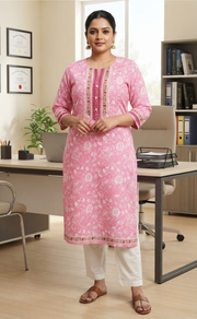 Baby Pink Garden Jaipuri Cotton Kurti. Pure Versatile Cotton. | Laces and Frills - Laces and Frills