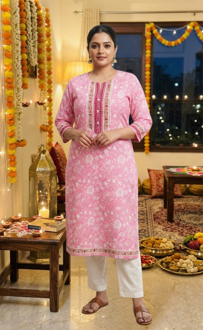 Baby Pink Garden Jaipuri Cotton Kurti. Pure Versatile Cotton. | Laces and Frills - Laces and Frills