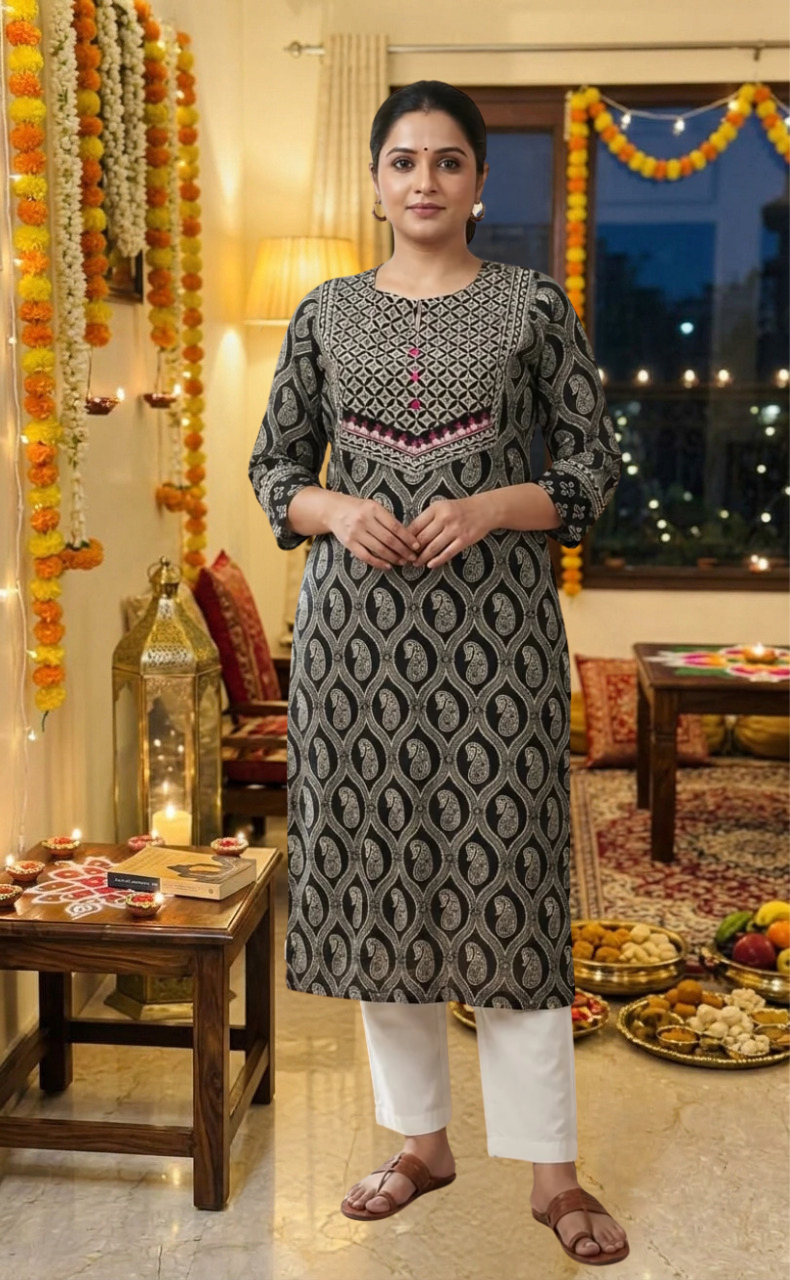 Black Paisley Print Jaipuri Cotton Kurti. Pure Versatile Cotton. | Laces and Frills - Laces and Frills
