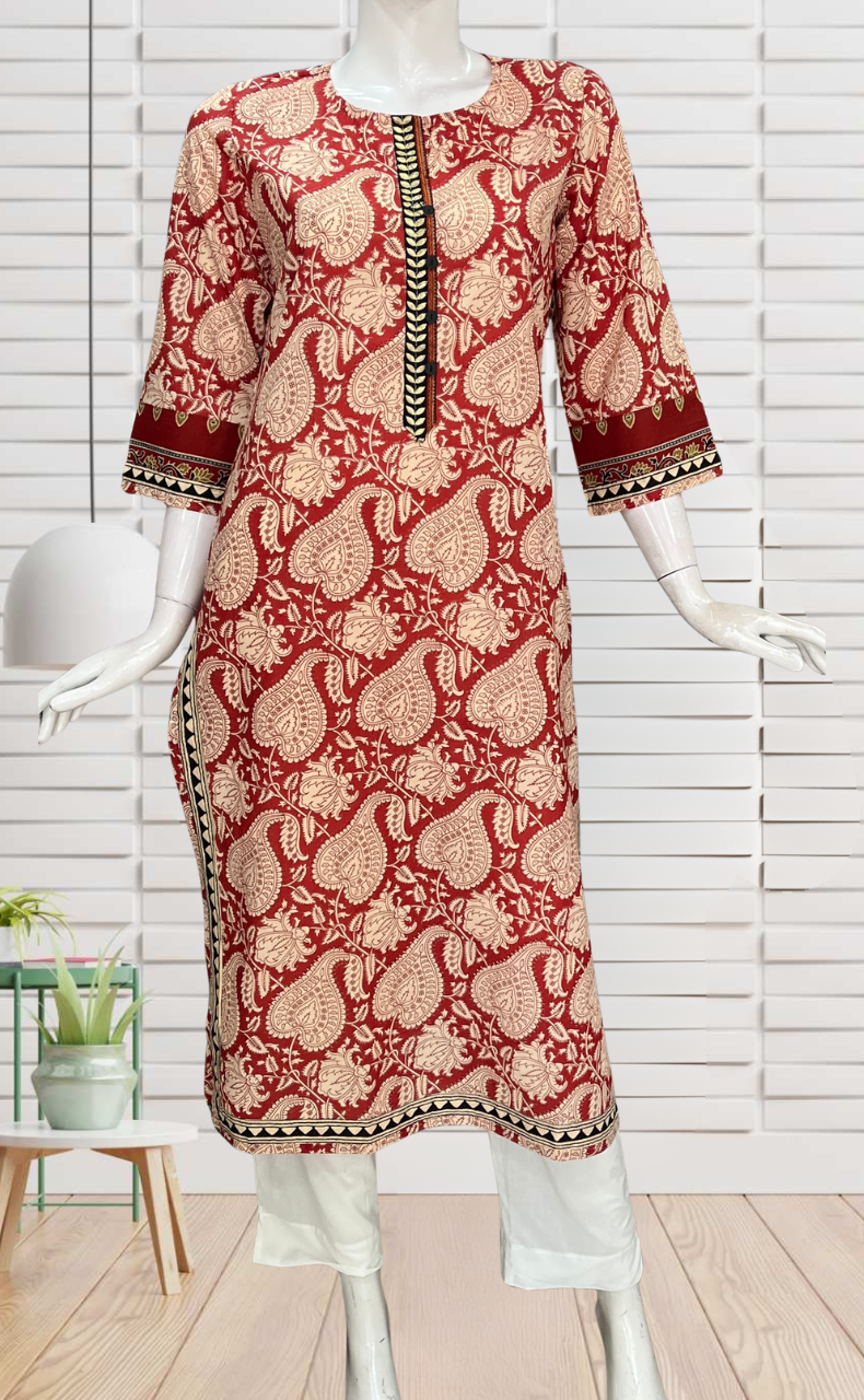 Red Leafy Jaipuri Cotton Kurti. Pure Versatile Cotton. | Laces and Frills