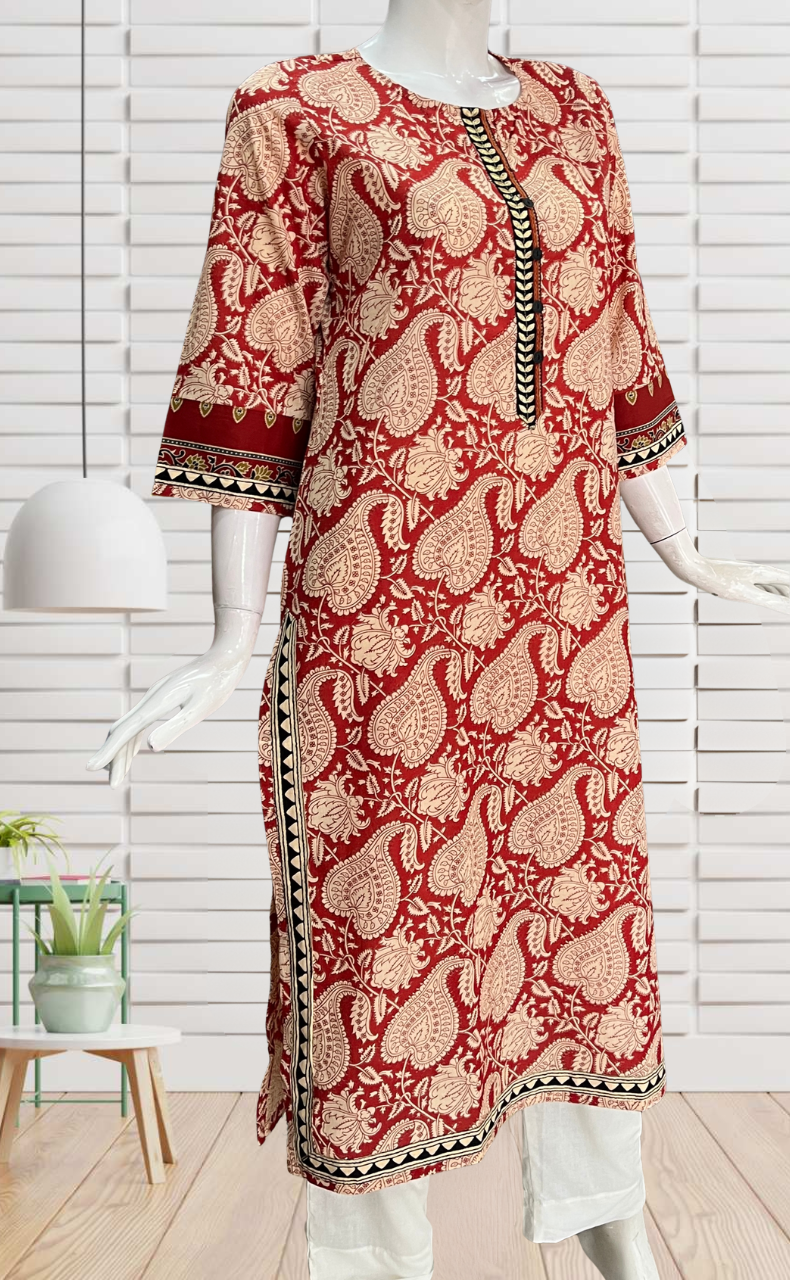Red Leafy Jaipuri Cotton Kurti. Pure Versatile Cotton. | Laces and Frills