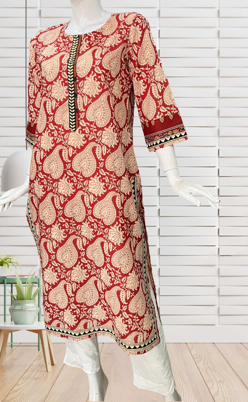 Red Leafy Jaipuri Cotton Kurti. Pure Versatile Cotton. | Laces and Frills
